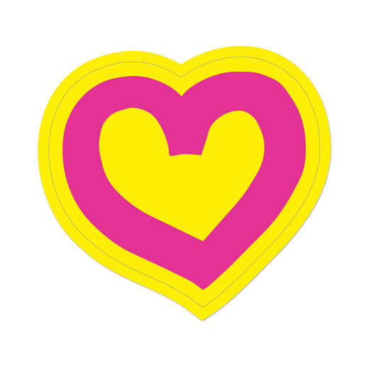 A bright yellow heart-shaped sticker with a magenta pink outline.